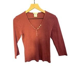 Old Navy Womens Ribbed Henley V-Neck Snap Button Long Sleeve Top Burgundy Medium